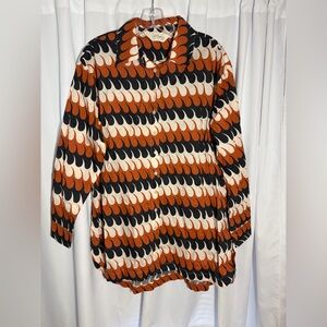 COMPANIA FANTASTICA Navy Blue/Dark Orange/Cream Print Button Down Tunic Top Sz S